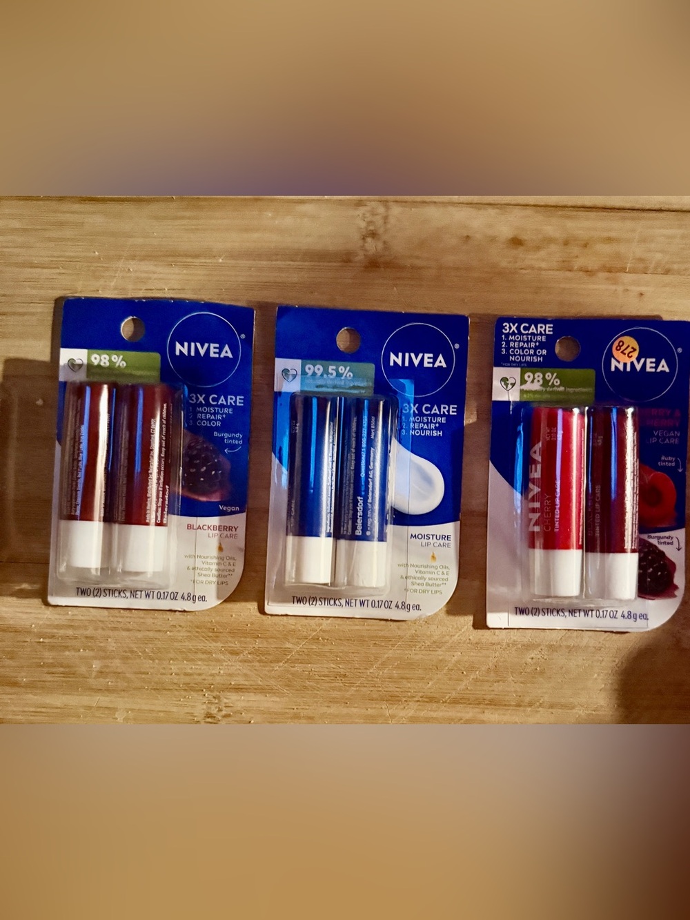 NIVEA 3X Care Lip Care Double Packs x3 BlackBerry Cherry Moisturizer Vit E New